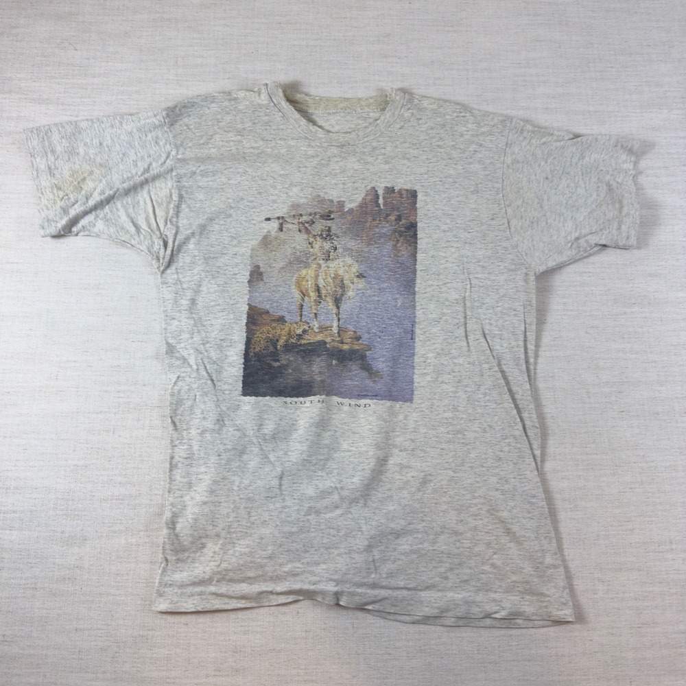 Vintage South Wind Graphic T-Shirt Heather Gray Native American & Horse AS IS